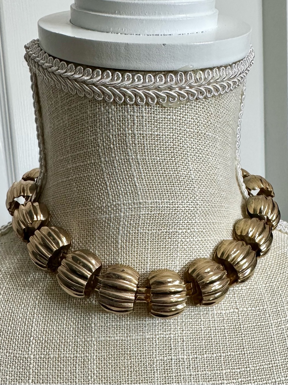 Gold Plated Ribbed Barrel Textured Bead Statement Necklace Brockraft